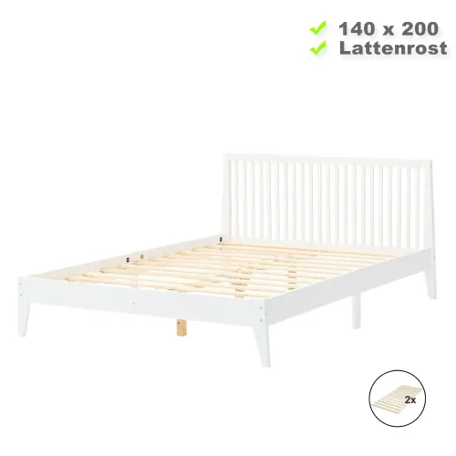 Massivholzbett 140x200 – Echtholz Doppelbett mit hohem Kopfteil – Farbe: Weiß