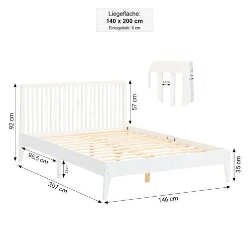 Massivholzbett 140x200 – Echtholz Doppelbett mit hohem Kopfteil – Farbe: Weiß