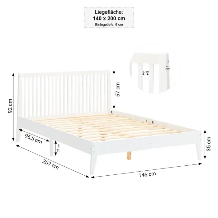 Massivholzbett 140x200 – Echtholz Doppelbett mit hohem Kopfteil – Farbe: Weiß