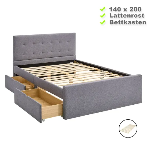 Polsterbett 140x200 - Doppelbett mit zwei Bettkästen - Farbe: Grau
