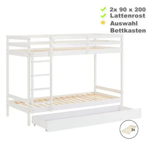Etagenbett 90x200 mit Leiter und optional Bettkasten - Kinderbett mit zwei Schlafplätzen - Farbe: Weiß