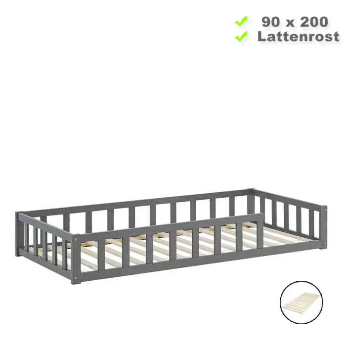 Montessori-Bett für kleine Pioniere - Vollholz-Bodenbett 90x200 für geruhsame Nächte - Farbe: Grau