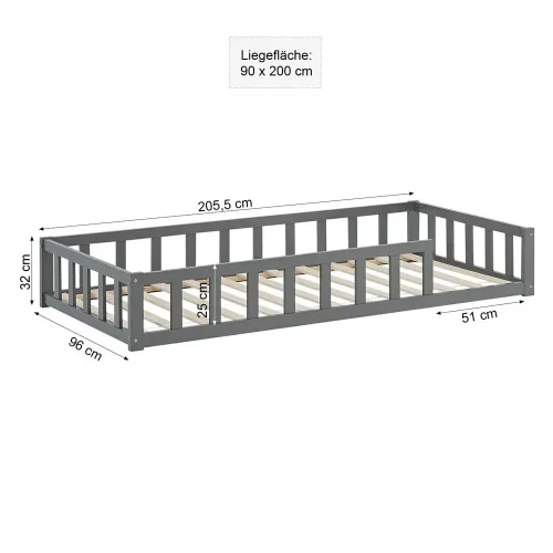 Montessori-Bett für kleine Pioniere - Vollholz-Bodenbett 90x200 für geruhsame Nächte - Farbe: Grau