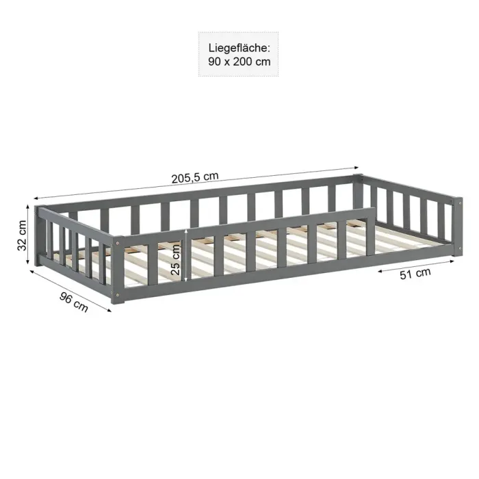 Montessori-Bett für kleine Pioniere - Vollholz-Bodenbett 90x200 für geruhsame Nächte - Farbe: Grau