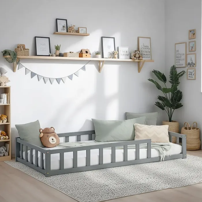 Montessori-Bett für kleine Pioniere - Vollholz-Bodenbett 90x200 für geruhsame Nächte - Farbe: Grau