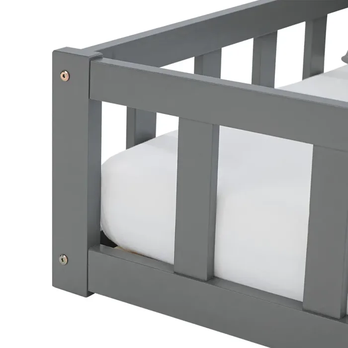 Montessori-Bett für kleine Pioniere - Vollholz-Bodenbett 90x200 für geruhsame Nächte - Farbe: Grau