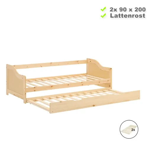 Ausziehbett aus Holz 90x200 – Bett mit zweiter Liegefläche 90x200 – Farbe: Natur
