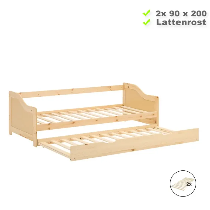 Ausziehbett aus Holz 90x200 – Bett mit zweiter Liegefläche 90x200 – Farbe: Natur