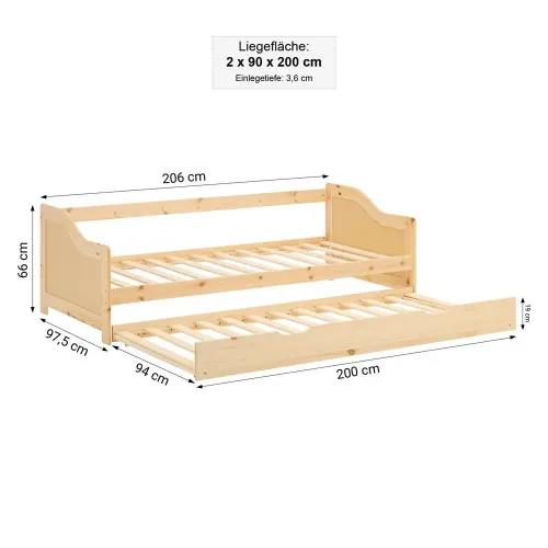 Ausziehbett aus Holz 90x200 – Bett mit zweiter Liegefläche 90x200 – Farbe: Natur