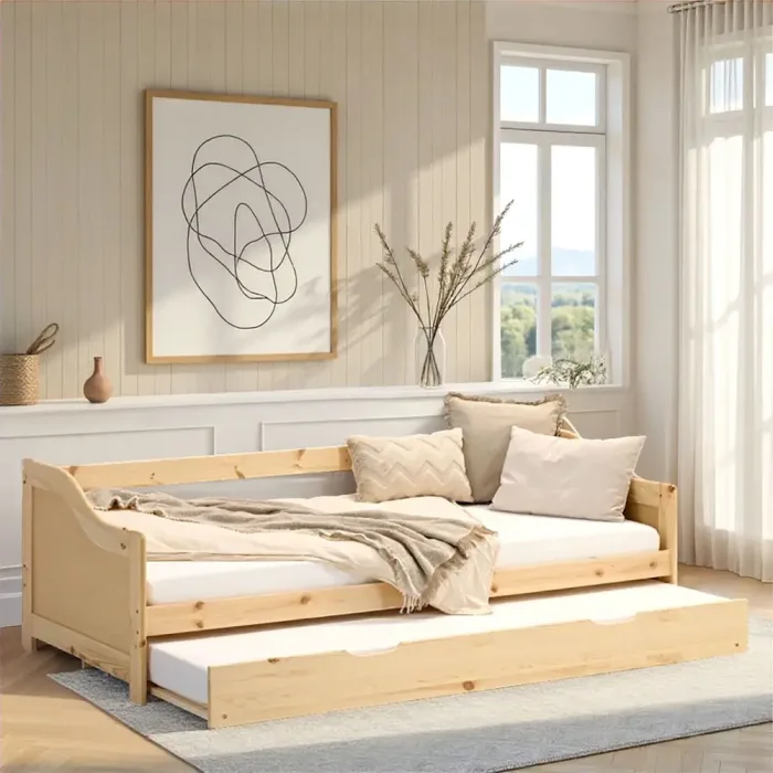 Ausziehbett aus Holz 90x200 – Bett mit zweiter Liegefläche 90x200 – Farbe: Natur