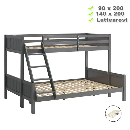 Etagenbett mit zwei Liegeflächen - 90x200 und 140x200 - Doppelstockbett aus Vollholz - Farbe: Grau