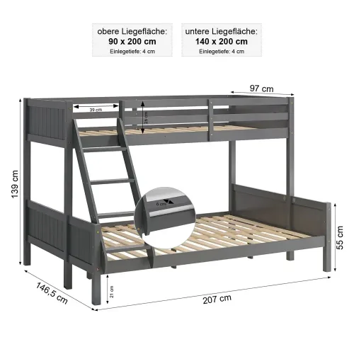 Etagenbett mit zwei Liegeflächen - 90x200 und 140x200 - Doppelstockbett aus Vollholz - Farbe: Grau
