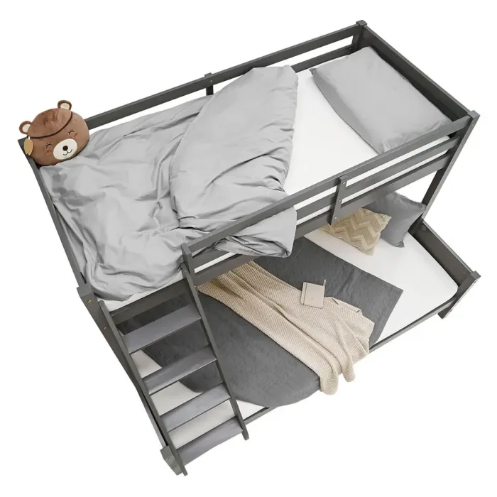 Etagenbett mit zwei Liegeflächen - 90x200 und 140x200 - Doppelstockbett aus Vollholz - Farbe: Grau