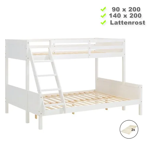 Doppelstockbett 90x200 und 140x200 - Vollholz Etagenbett für Kinder - Farbe: Weiß