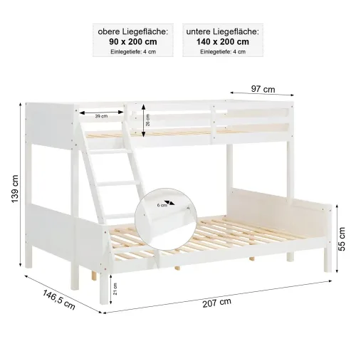 Doppelstockbett 90x200 und 140x200 - Vollholz Etagenbett für Kinder - Farbe: Weiß