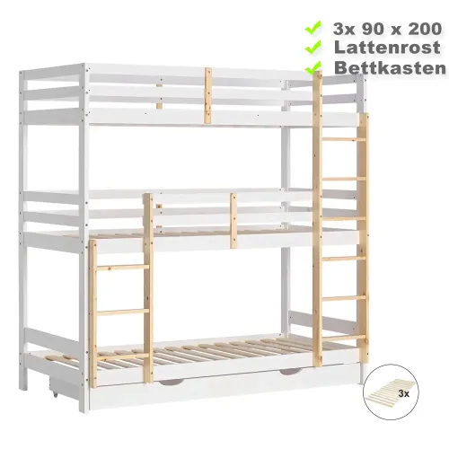 Kiefernholz Etagenbett 90x200 mit drei Schlafplätzen in Weiß mit Natur - Kinderbett mit Bettschublade