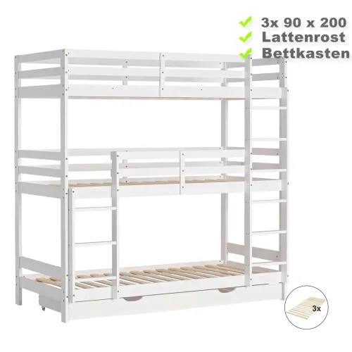Etagenbett mit Bettschublade - 3x 90x200 - Kinderbett mit drei Schlafplätzen - Farbe: Weiß
