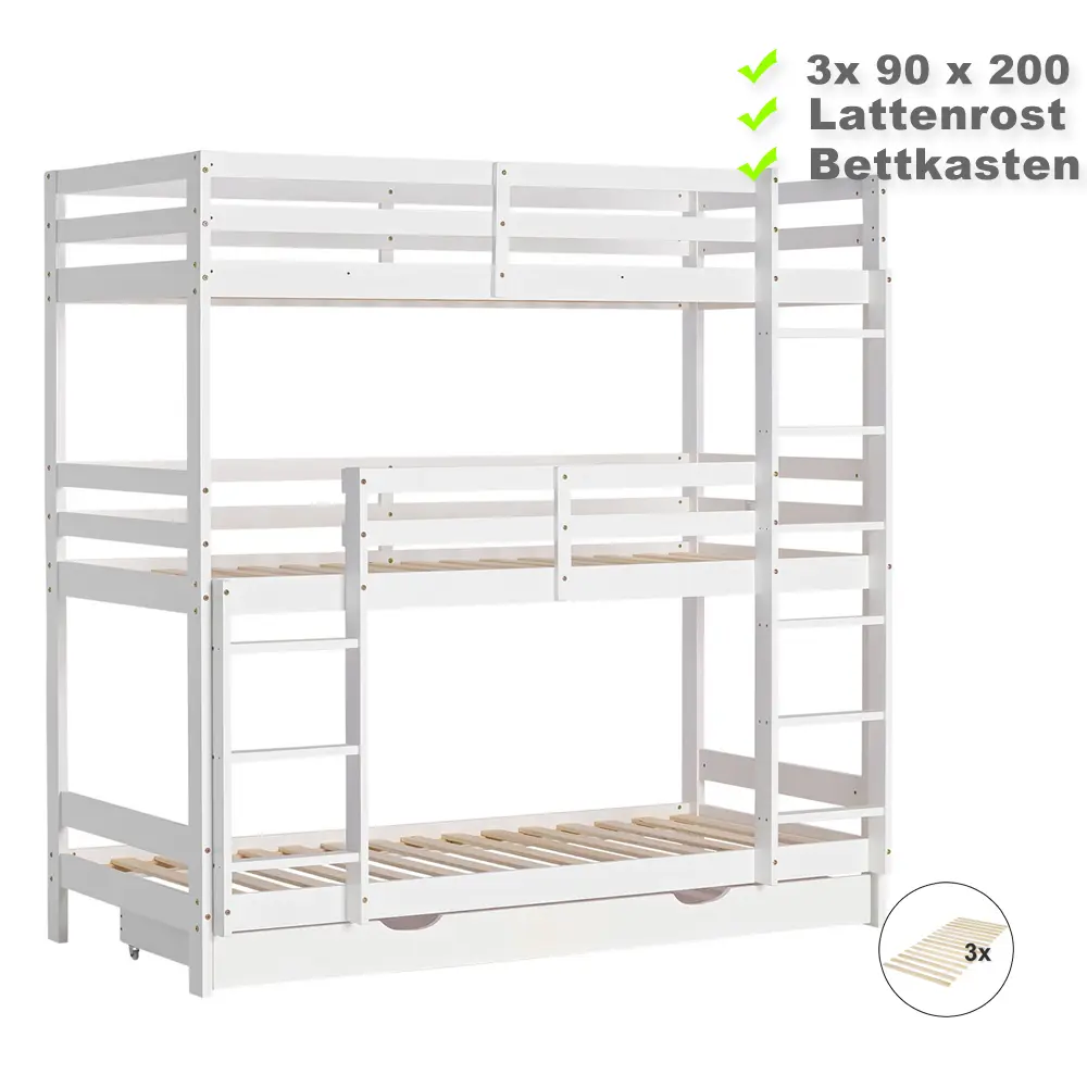 Etagenbett mit Bettschublade - 3x 90x200 - Kinderbett mit drei Schlafplätzen - Farbe: Weiß