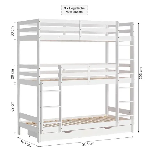 Etagenbett mit Bettschublade - 3x 90x200 - Kinderbett mit drei Schlafplätzen - Farbe: Weiß