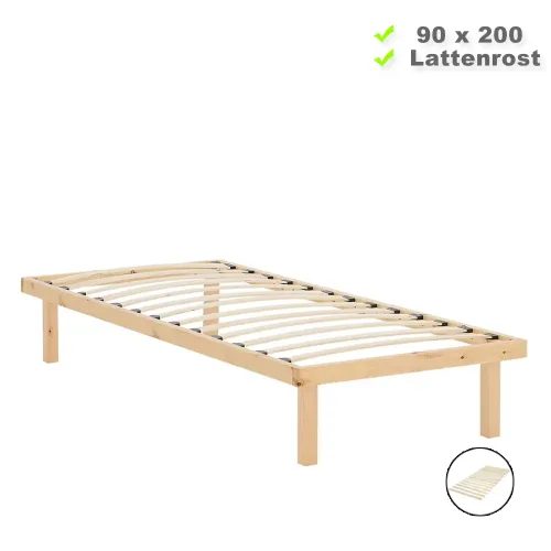 Massivholzbett ohne Kopfteil 90x200 - Palettenbett mit ergonomischem Lattenrost - Farbe: Natur