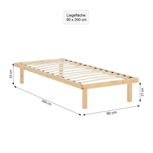 Massivholzbett ohne Kopfteil 90x200 - Palettenbett mit ergonomischem Lattenrost - Farbe: Natur