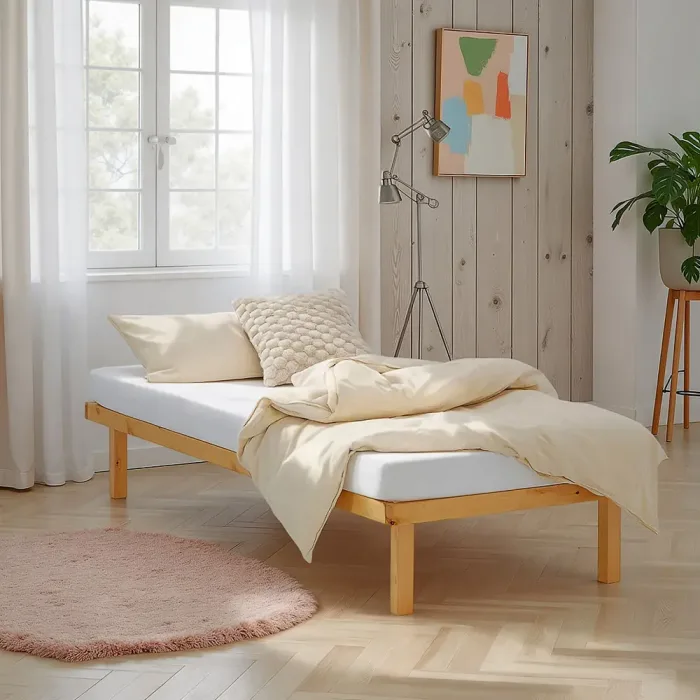 Massivholzbett ohne Kopfteil 90x200 - Palettenbett mit ergonomischem Lattenrost - Farbe: Natur